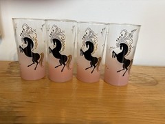 Set of four vintage Libbey frosted pink highball glasses horses 22K Gold Accents