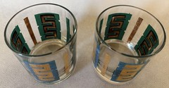 A pair MCM Lowball Glasses with Blue & Green Meander pattern