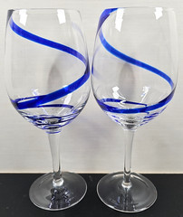 (2) Pier 1 Swirline Cobalt Water Goblets Set Elegant Blue Swirl Stemware Bar Lot