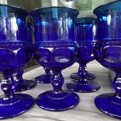 Set 7 Imperial by Tiara Glass Cobalt Blue Kings Crown Thumbprint Water Goblets