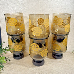 Groovy Smokey Brown Tumbler Glasses With Yellow Flowers Set 6 MCM Stackable