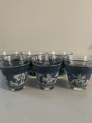 MCM Hazel Atlas Glasses Double Shot Set Of 6 Arabian Knights Wedgwood Blue White