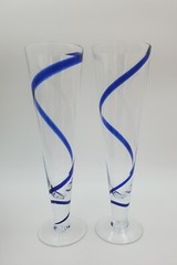 Set Of 2 Pier 1 Imports Cobalt Blue Swirl Swirline Blown Pilsner Beer Glasses