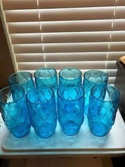 Vintage Anchor Hocking SET Of 8 AQUA BLUE Diamond Quilt Drinking Glass Tumblers