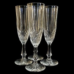 4 Ornate Cut Crystal Clear Champagne Flutes Anchor Hocking Canfield 8-1/8”t