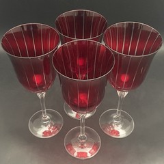 La Reine 4pc Vertical Stripes Ruby Red Cut to Clear Wine Glasses Italy 8″t 8oz