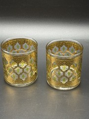 Culver Valencia Pair 22K Gold Green Diamond LowBall Whiskey Glass 3 1/2” MCM