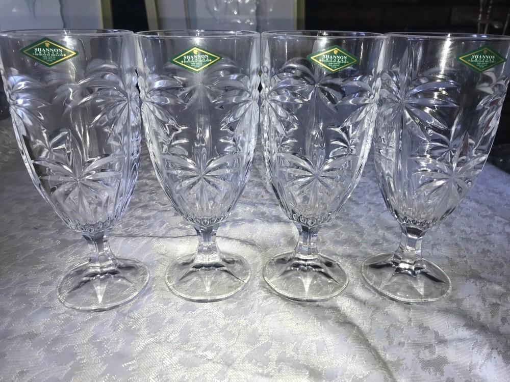4 Godinger SHANNON Crystal SOUTH BEACH Palm Tree 16oz ICED TEA Water GOBLETS 7¾»