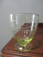 Vtg 4.5» Hand Blown Citrine Sherbet Glass Yellow/clear delicate etched swirls