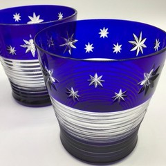 AJKA DESIGN GUILD 4” 12 oz Cobalt Cut to Clear Stars Tumbler Hungary set of 3