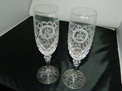 * Belleek Collectors Society 2 champagne Glasses COLUMBIA CHAPTER GALWAY GLASS