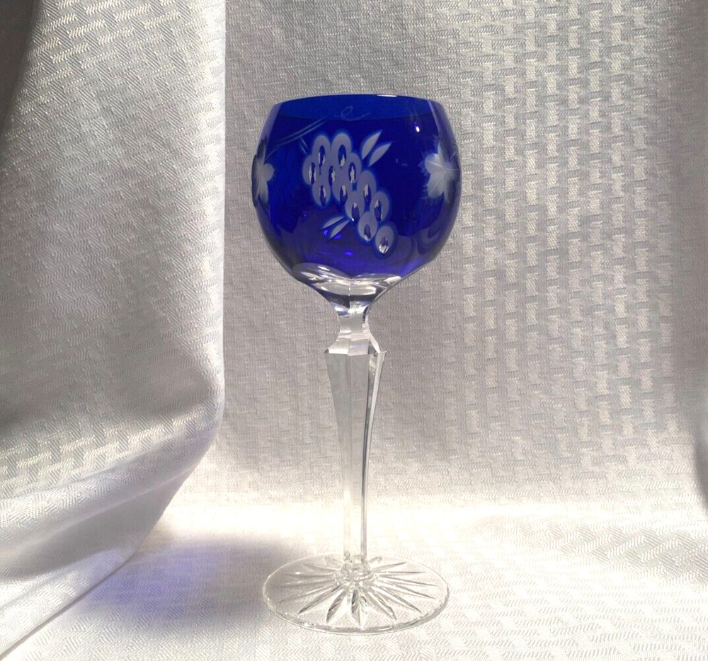 AJKA GRAPES WINE GLASS CASED COBALT BLUE CUT TO CLEAR CRYSTAL BOHEMIAN HUNGARY