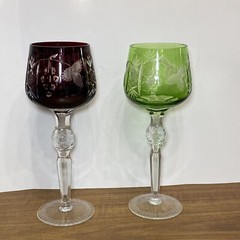 Lot of 2 Vintage Marsala Red Green Cut Crystal Clear Stemware Wine Glass K7