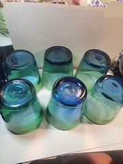 6 Blown Glass Tumblers Green And Cobalt Blue 3.5″ Each
