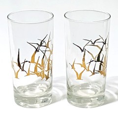 Flying Gold Birds on Clear Glass Vintage Mid-Century Tumblers, Set of 2