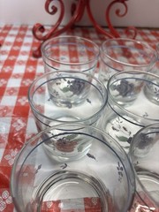 Vintage Anchor Hocking Rock Clear Glasses Set of Nine Pink-Blue Floral Appliqué