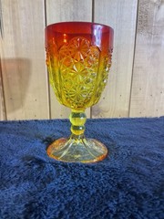 L.G. Wright Amberina Glass Goblet Daisy Button Orange Red Yellow 6″