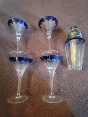 Faberge Cobalt Cut To Clear Crystal GRAND DUKE Martini Set 4 & Shaker EXCELLENT