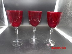 Ruby Red Water/Wine Goblet with Clear Stems & Ribbed Design. 3 pc Set.