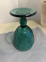 VTG Tiara Spruce Green Sandwich Pattern Footed Goblet Glass Indiana 5”