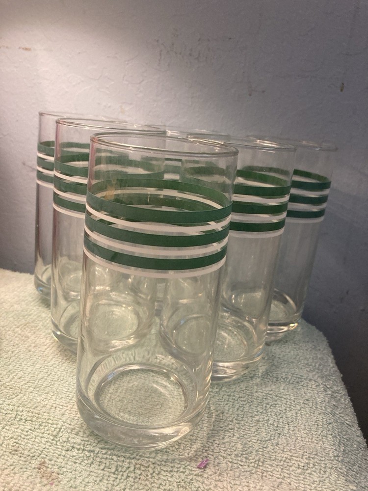 Vintage Libby Green White Striped Juice Glasses Stackable Retro Set Of 12
