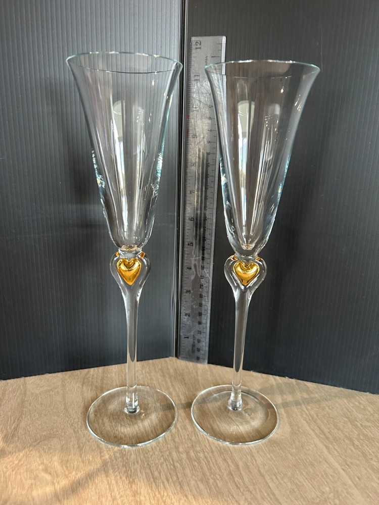 Abbott Collection~ Gold Heart Stem Toasting Champagne Flutes Set 11.5″