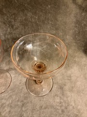 1930s Lancaster glass pink champagne Sherbet stem Pair cut floral design