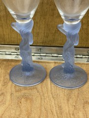 Set (2) Vintage Art Deco Aderia Nude Mermaid Wine Glass 8.25″ Blue Frosted Stem