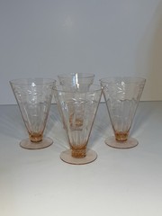 Set of 4 Depression Era 1940s Pink Etched Floral Glasses, Tapered Shape