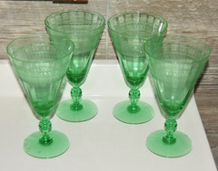 Set of 4 H.C. Fry Glass Co #17 Goblet Uranium Green Spiral Optic Panel 6 11/16″T