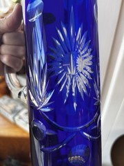 Vintage Bohemian Czech Cobalt Blue Cut to Clear Glass Pitcher and 6 Tumbler Set