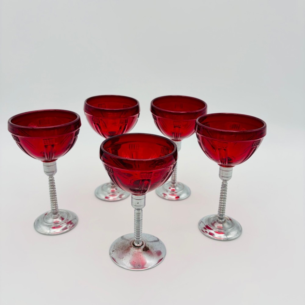 Vintage Morgantown Glass Ruby Red Art Deco Cocktail Glasses Chrome Base Set /5