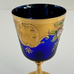 Bohemian Cobalt Blue Enamel Floral Gold Gilt Goblet 5.75″ Vintage