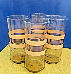 Set of 4 Retro Libbey 12 Ounce Drinking Glasses Tumblers Brown Tan Stripe 6 1/2″