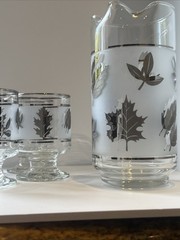 Atomic Era MCM Silver Leaf Frosted Glass Pitcher +4 Goblets VTG Cocktail Bar Set
