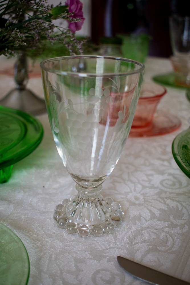1950s ‘Boopie’ (Berwick) Footed Glasses | Etched Grape Vine Motif (Pair)