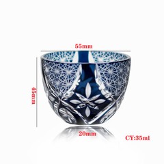 Ink Blue Small Sake Cup Edo Kirik Hand Cut Flame Shot Glasses 1.5oz Gift Packing