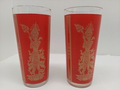 2 1960 Mid Century Culver Red Gold Siam Thai Goddess Drinking Glasses Tumblers