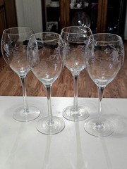 4 Vintage Etched Grape Clusters Wine Glasses long stem crystal goblets decor gra