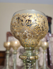 Antique Set of 6 Moser Bohemian Gold Gilt Wine Goblets Tiered Ribbed Stem 8.25″