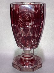 Vintage Bohemian Czech Ruby Cut to Clear Octagonal Crystal Goblet Hand Cut