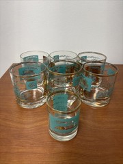 Libbey Southern Comfort Shot Glass Aqua Gold Steamboat Jigger and 6 glasses set