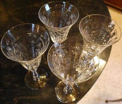 SENECA Antique Set 4 ETCHED CRYSTAL WATER GOBLET GLASSES Hand Blown OPTIC Floral