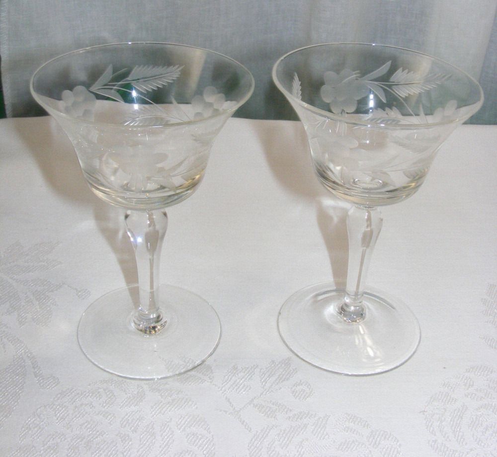 Vintage Glass Set of 2 Etched Goblets Cornflower & Palm Leaf Design