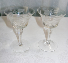 Vintage Glass Set of 2 Etched Goblets Cornflower & Palm Leaf Design