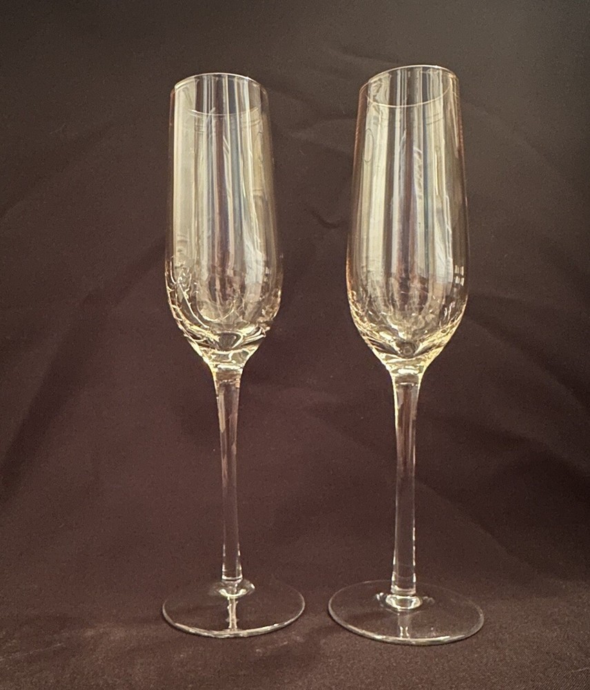Pier 1 Crackle Champagne Flutes Amber Golden Luster Glasses Set of 2