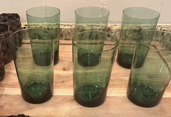 6 Avocado Green Glasses Mid Century MCM Tiki Cocktail Wicker Art Glass Barware