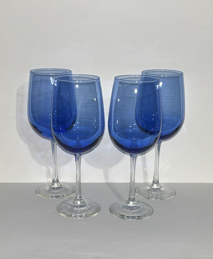 4 Blue Wine Glasses with Clear Stems Goblets 9 1/8″ Barware Stemware