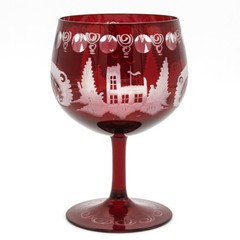 Egermann Ruby Red Cut to Clear Balloon Wine Goblet, Antique Glass 16oz, 6″