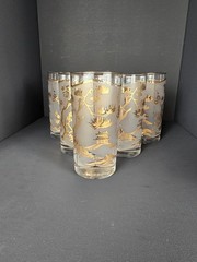 MCM Chinoiserie Asian Pagoda Frosted Highball Glasses God Trim Lot of 6